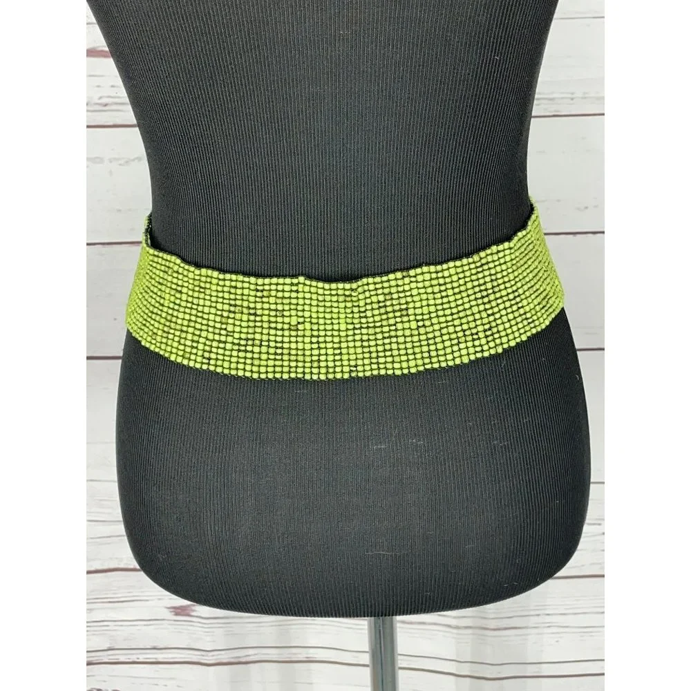 Vintage Elastic Lime Green Handmade Glass Beaded Wooden Clasp 70’s Boho Chic Sty